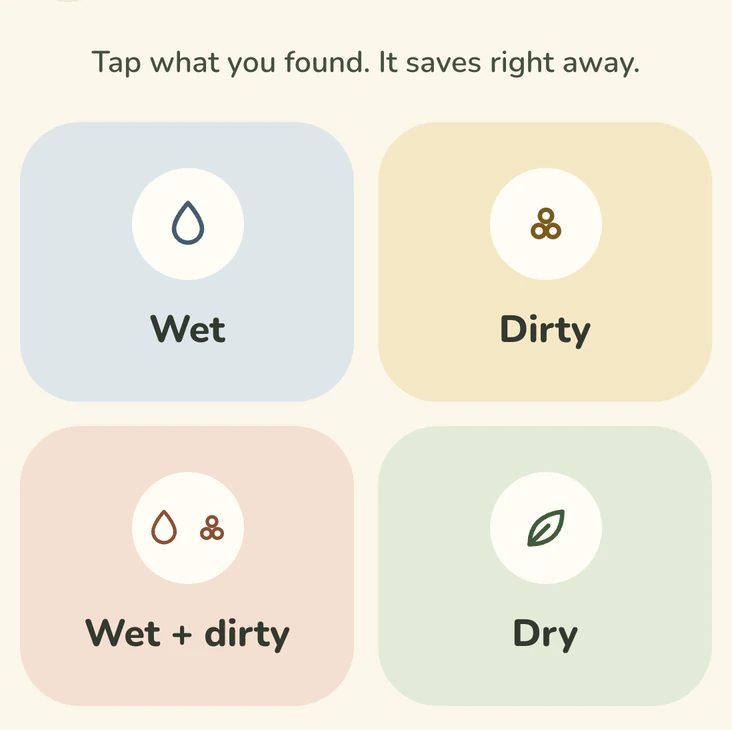 The diaper logger’s four tiles, Wet, Dirty, Wet and dirty, and Dry, under the line “Tap what you found. It saves right away.”